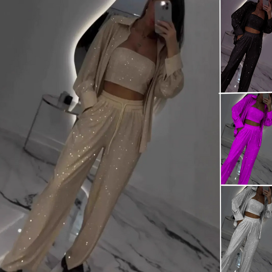 🌟👠 Niezbędnik na imprezę z brokatem✨ Olśniewająca marynarka ze spodniami z szerokimi nogawkami