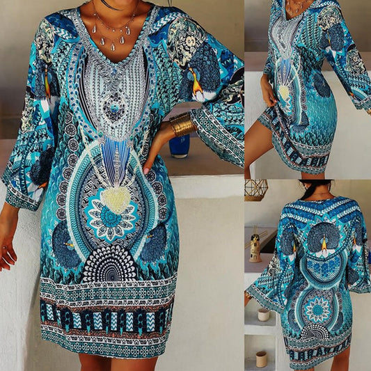💖Bohemian Print V-Neck Sukienka z długim rękawem