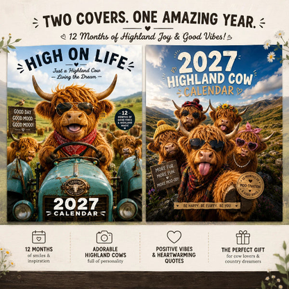 Zabawny kalendarz ścienny na rok 2027 z szkocką krową (Highland Cow) | Wiszący kalendarz formatu A4 | Projekt: Isabel Kline