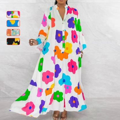 🌸Retro luźna plisowana długa sukienka z długim rękawem
