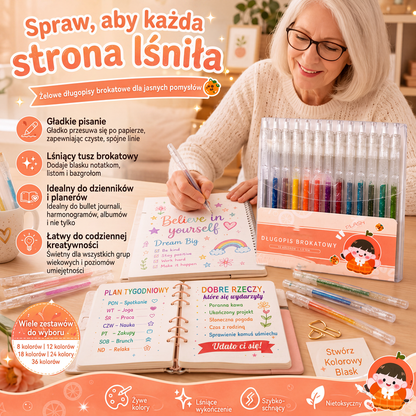 🖊️ Brokatowe długopisy żelowe z wysuwaną końcówką – idealne do dziennika i szkiców! ✨